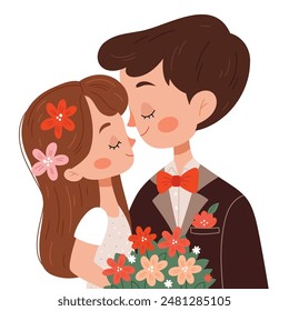 Wedding invitation. Beautiful wedding card with bride and groom, delicate flowers. Vector illustration.