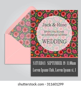 Wedding invitation and beautiful envelope. Vector illustration.