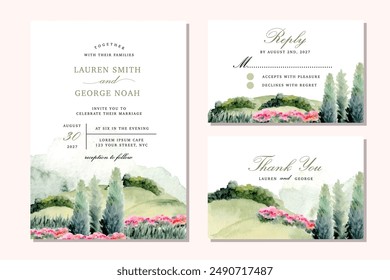 wedding invitation with beautiful green hill and flower garden watercolor landscape