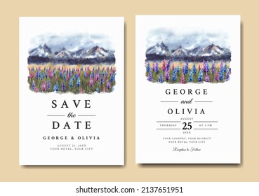 Wedding Invitation With Beautiful Lavender Flowers And Mountains Watercolor