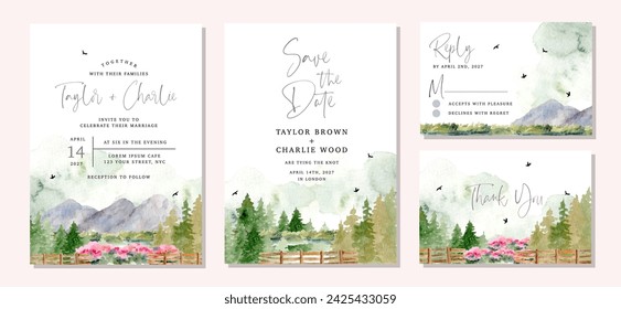 wedding invitation beautiful mountain and trees watercolor landscape