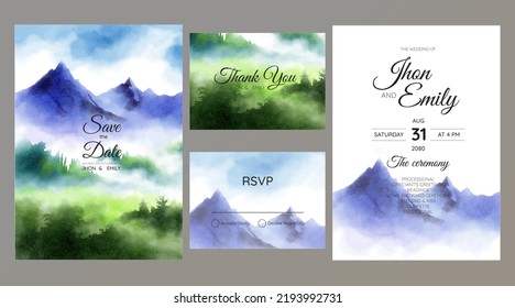 Wedding invitation with beautiful pine trees and mountain watercolor