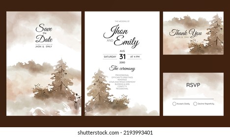 Wedding invitation with beautiful pine trees and mountain watercolor