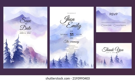 Wedding invitation with beautiful pine trees and mountain watercolor