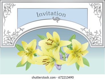 Wedding invitation with beautiful yellow lily on the blue background. Vector card.
