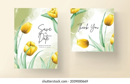 wedding invitation with beautiful yellow watercolor tulip flower