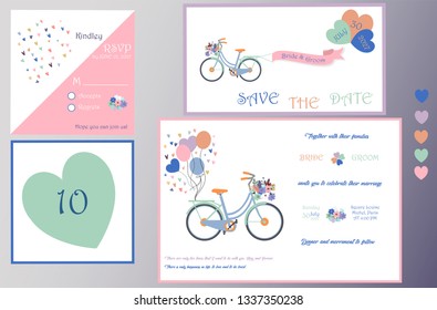Wedding Invitation Bicycle Theme.  Includes invintation, rsvp, save the date and table number templates. Vector Illustration.
