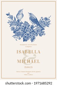 Wedding invitation with birds and flowers. Blooming spring garden trees. Bouquet. Vintage vector illustration. Blue.