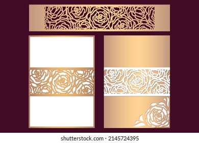 Wedding invitation or Birthday Belly Band cards with pattern of Roses, Laser cut template, vector. svg