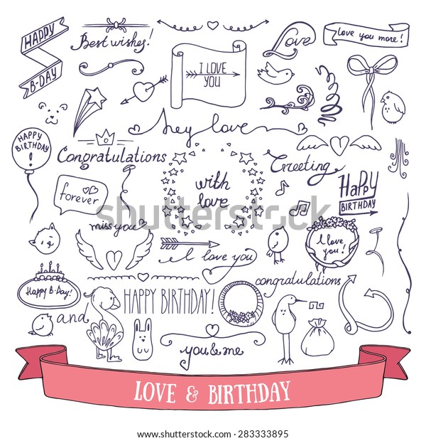 Wedding invitation and birthday card doodle\
signs and lettering. Collection of hand drawn vector birthday and\
wedding festive\
attributes.