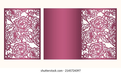 Wedding invitation or Birthday fold card with pattern of Peony flowers, Laser cut template, vector.