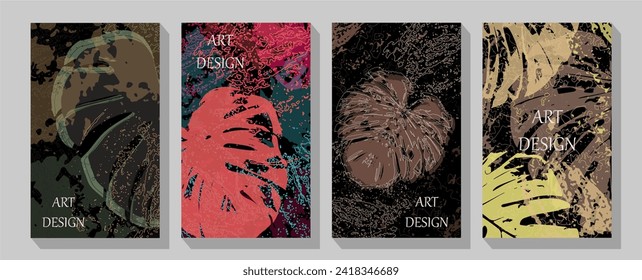  Wedding invitation or birthday or save the date card with copyspace for your text. Vector tropical Monstera Leaf Patterns. 