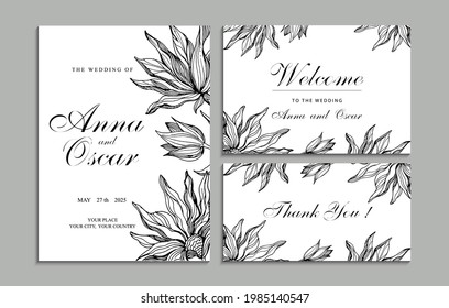 Wedding invitation with black and white blooming flowers and plant leaves. Vector holiday invitation. Set. 