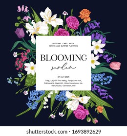 Wedding invitation. Blooming garden. Square frame with spring and summer plants. Bright flowers on a black background. Vector botanical illustration. Colorful.