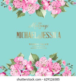Wedding invitation. Blossom Sakura. Bridal shower invitation with blue background, vintage card for spring or summer bridal shower. Vector illustration.