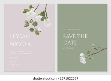 Wedding invitation with blossoming apple tree branches. Card template in soft green and pink tones.