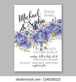 Wedding Invitation Blue Chrysanthemum peony green eucalyptus floral vector card template floral illustration floral illustration