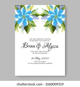 Wedding invitation blue dahlia vector template floral background