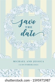Wedding invitation with blue hydrangea flowers on tile background. Floral design for cocktail party template and save the date card with place for text. Vector illustration.