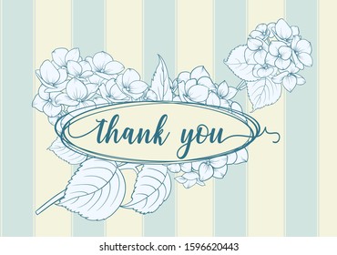 Wedding invitation with blue hydrangea flowers on tile background. Floral design for cocktail party template of thank you card with place for text. Vector illustration.