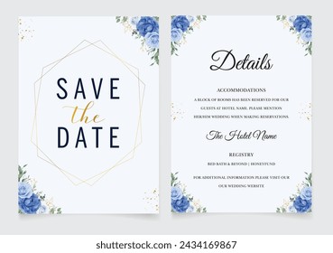 Wedding Invitation with Blue Luxury Floral. Illustrator and designer. Wedding Invites, save the date, Birthday Invites, Video Invites, E-Cards.