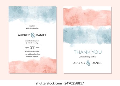 wedding invitation with blue pink abstract watercolor border