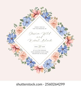 wedding invitation blue pink floral watercolor frame