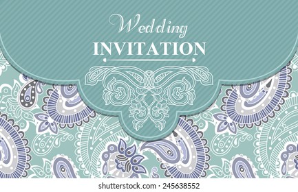 Wedding invitation in blue and violet pastel east turkish cucumber style