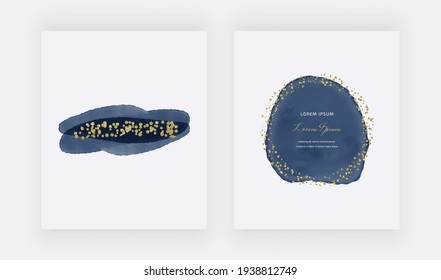 Wedding invitation with blue watercolor brush stroke shapes and golden confetti 