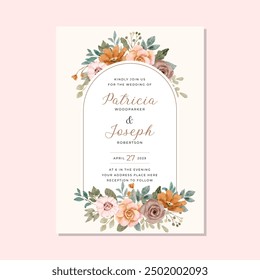 wedding invitation with blush pink brown floral frame