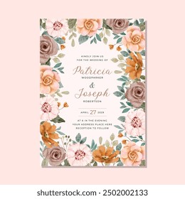 wedding invitation with blush pink brown floral watercolor frame