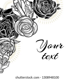 Wedding invitation in boho style with roses and crystals. Elegant retro motifs.