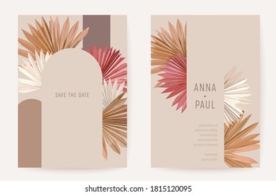 Wedding invitation boho tropical palm leaves card, frame set, dry leaves modern minimal terracotta template vector. Botanical Save the Date golden foliage poster, trendy design, luxury background