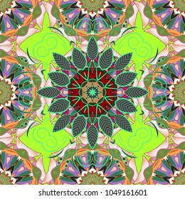 For wedding invitation, book cover or flyer. Gray, neutral and green colors with colored ornament mandala, based on ancient greek and islamic ornaments.