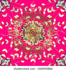 For wedding invitation, book cover or flyer. Magenta, brown and white colors with colored ornament mandala, based on ancient greek and islamic ornaments.