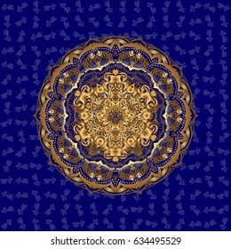 For wedding invitation, book cover or flyer. Blue background with gold ornament mandala, based on ancient greek and islamic ornaments.