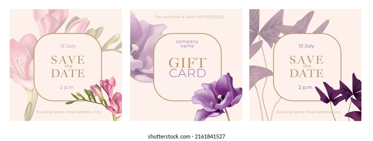 Invitación a la boda en el estilo botánico. Freesia, tulipán, oxalis en un fondo rosado. Plantilla de diseño para la invitación, tienda, salón de belleza, spa. Ilustración del vector