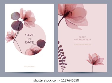 Wedding invitation in the botanical style. Pink flowers on a white background. Background for the invitation, shop, beauty salon, spa. 