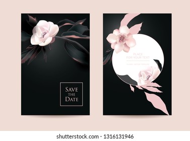 Wedding invitation in the botanical style. Pink flowers on a dark background. Vector template for the shop, beauty salon, spa or restaurant	