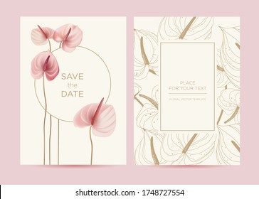 Invitación a la boda en el estilo botánico. Flores rosadas de anturio sobre un fondo delicado. Antecedentes de la invitación, tienda, salón de belleza, spa.