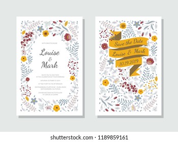 Wedding Invitation, botanical style template. Save the date card design with ribbon, leaves, branches, flowers, frame pattern on white background. Vector decorative greeting card