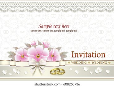 Wedding invitation with a bouquet of flowers and rings on a background of an ornament.Vector illustration