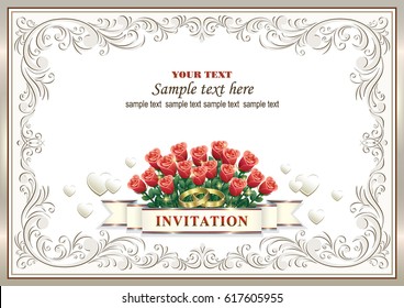 Wedding invitation with bouquet of flowers roses and rings in a frame with an ornament.Vector illustration