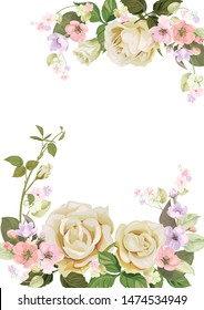 Wedding invitation with bouquet of pink, white roses: flowers, spring blossom, buds, leaves. Vertical card on white background. Botanical illustration in gentle watercolor style, vintage, vector, A4