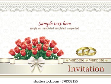 Wedding invitation with a bouquet of roses and rings on a background of an ornament
