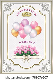 Wedding invitation with a bouquet of roses and rings. Vector illustration