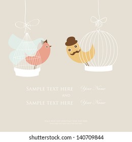 Wedding invitation or bridal shower card with two cute birds in the cages.