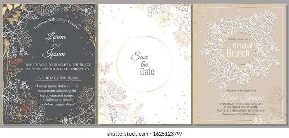 Wedding invitation, Bridal shower, Save the Date cards set. Elegant line floral vector design with place for your text. White, shades of gray, beige flowers and leaves interspersed with bright colors.