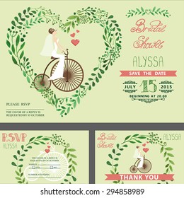 Wedding invitation bridal shower set.Watercolor green branches with bride on retro bike.Heart shape wreath,laurels leaves.Decorative hand drawing floral decor.Retro Vector,vintage card,RSVP