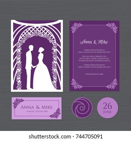 Wedding invitation with bride and groom of a wedding arch. Paper lace envelope template. Wedding invitation envelope mock-up for laser cutting. Vector illustration.